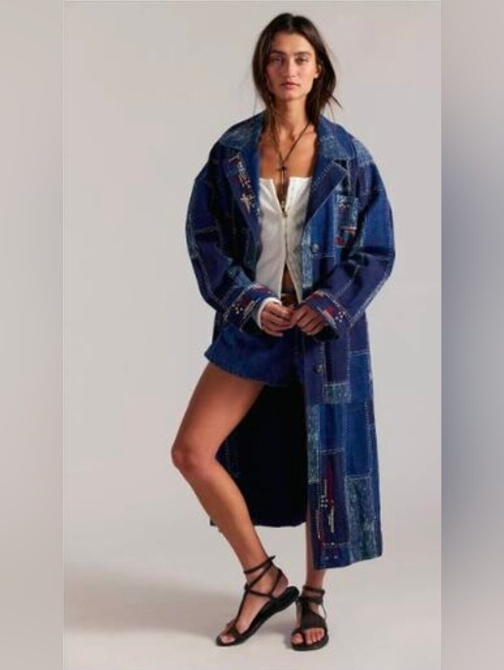 Free People We The Free Open Studio Duster Indigo Patchwork Denim Coat XS/S NWT